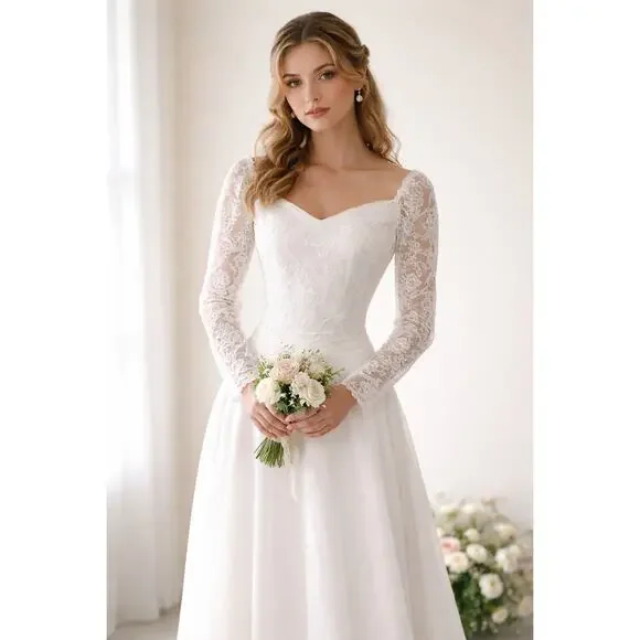 Vintage Lace Long Sleeve Wedding Dress A-Line Bridal Gown - Picture 11 of 16